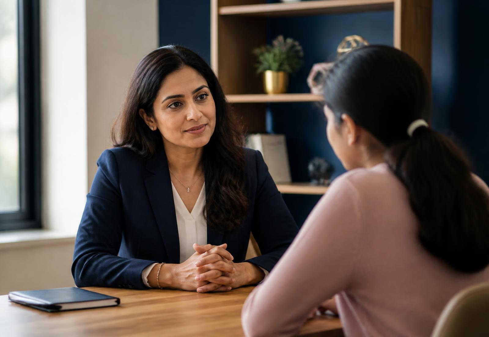A career counsellor in conversation with a student across a table